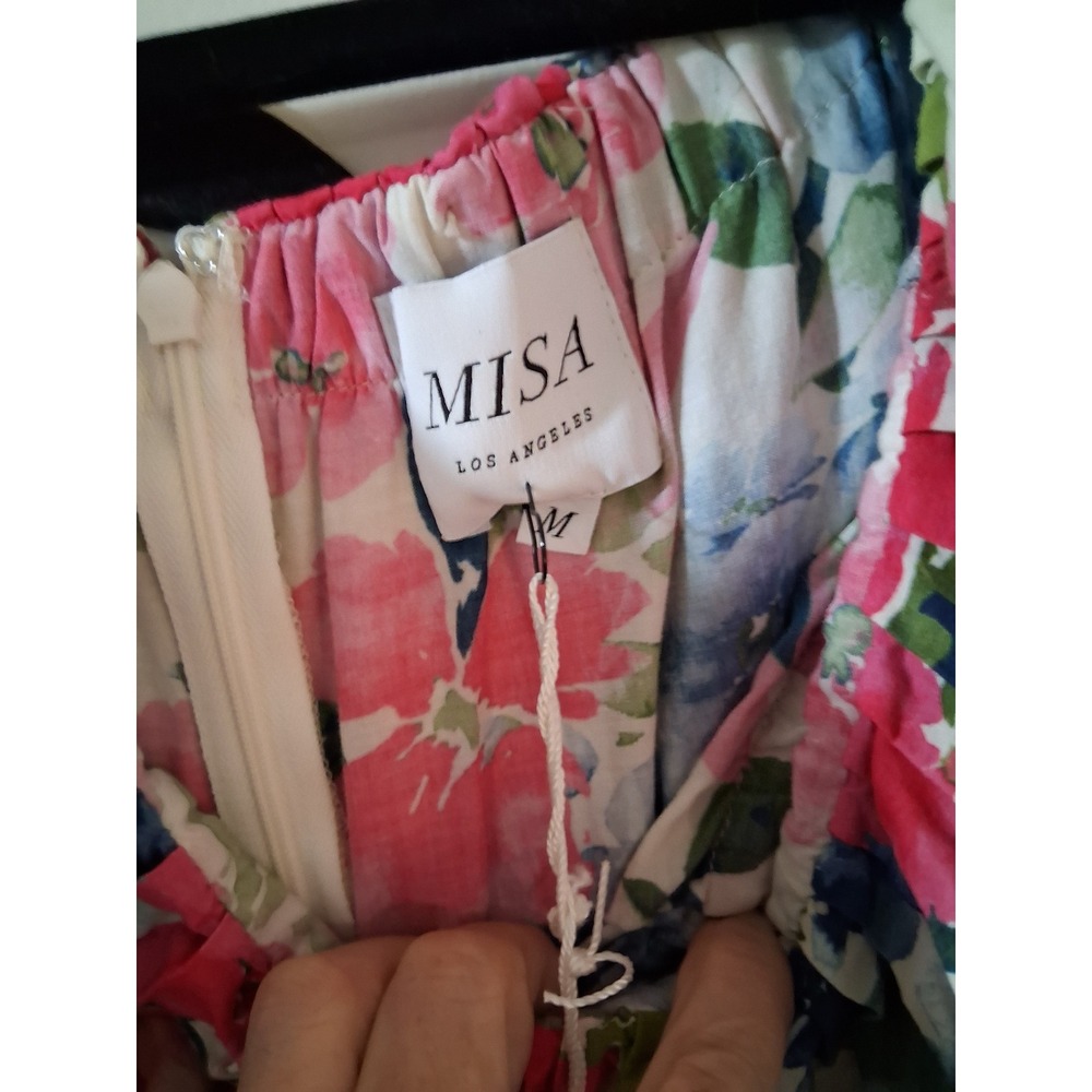 MISA Los Angeles Floral Tie Dye Ruffle Off Shoulder Maxi Dress Pink Blue Size M - Picture 2 of 9